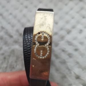 Wrap around bracelet, escada, black leather & logo plate